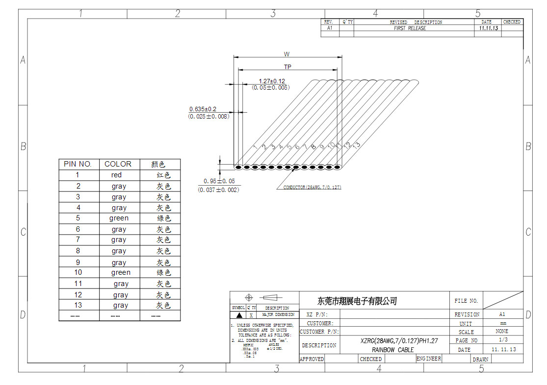XZRG-彩排紅灰灰灰綠灰1.27mm-28AWG